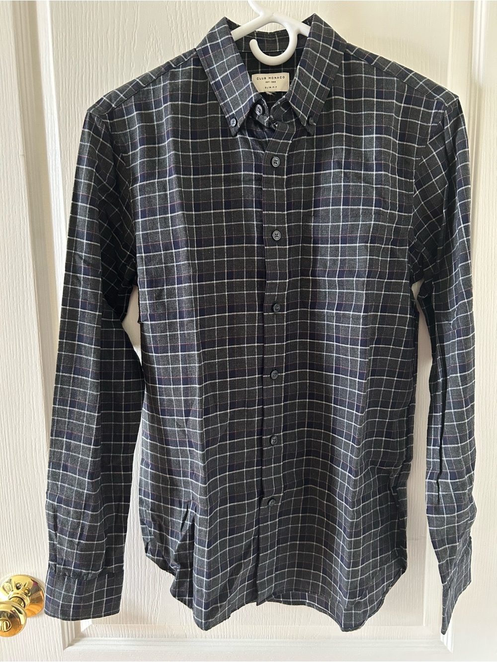 Club Monaco Men's Navy and Gray Plaid Button-Down Shirt
